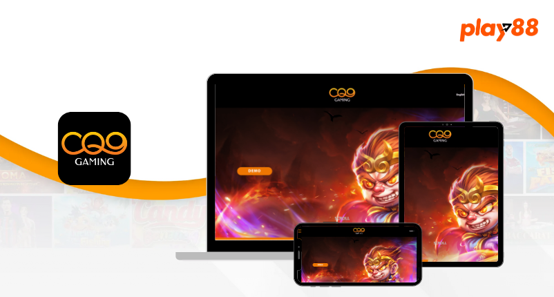 CQ9 Gaming platform interface displayed on various devices with logo and fiery slot game background.