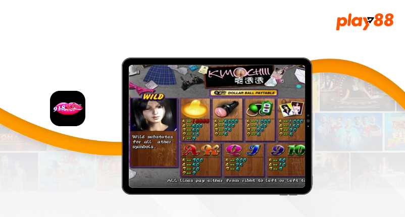 Kimochi 918Kiss slot paytable displayed on a tablet, with symbols and payout details.