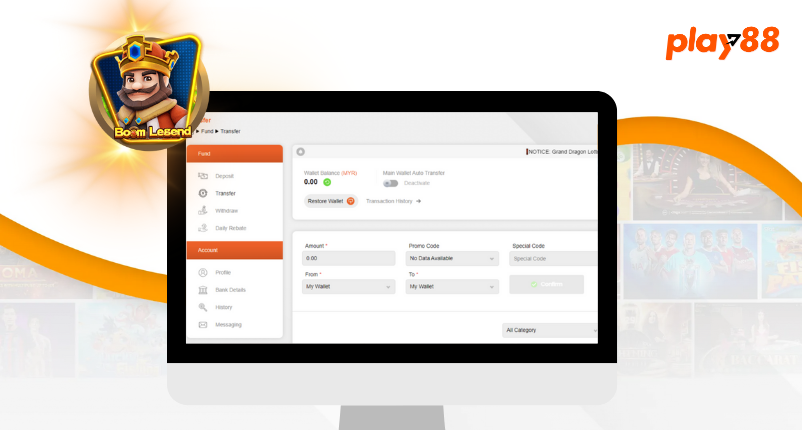 Deposit funds interface on Play88 featuring wallet balance and transaction options.
