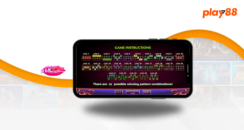 Displays possible winning combinations with 25 patterns across multiple betting lines.