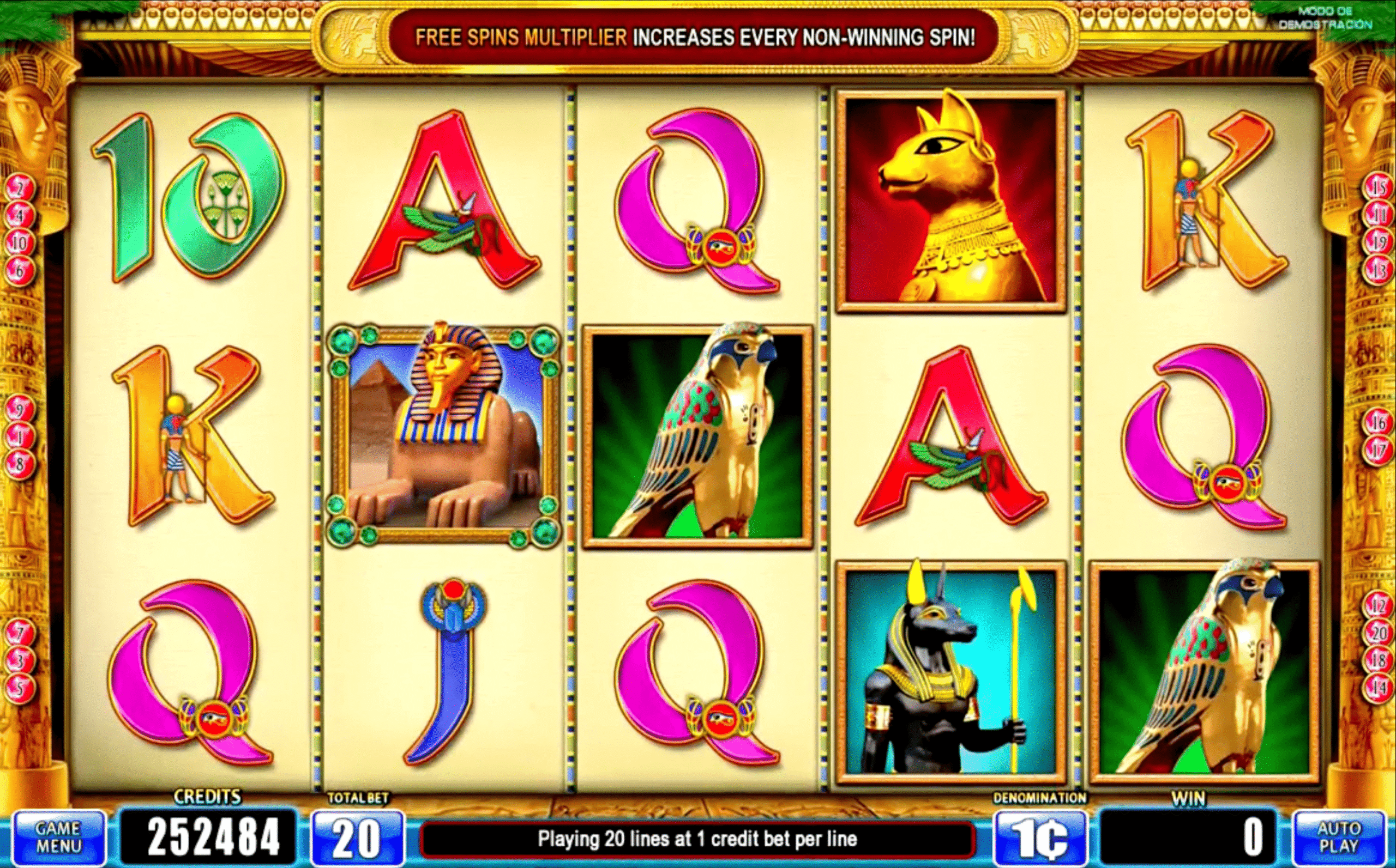 Slot game reels with Egyptian symbols, Pharaoh, and animals, “Free Spins Multiplier” banner above reels.