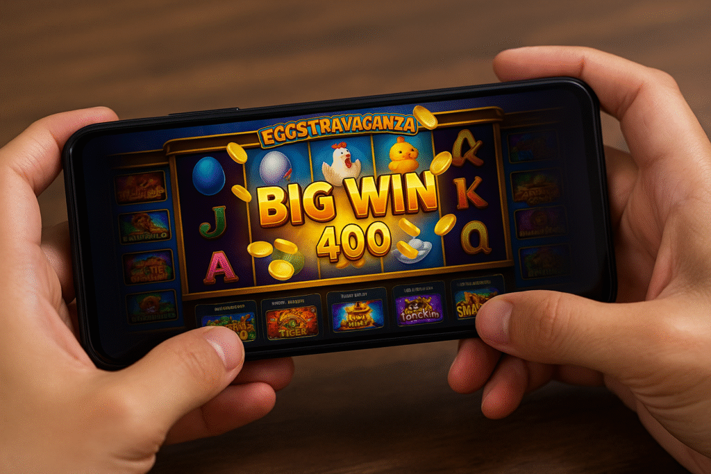 Hands holding a smartphone showing an online slot game screen and other slot games.